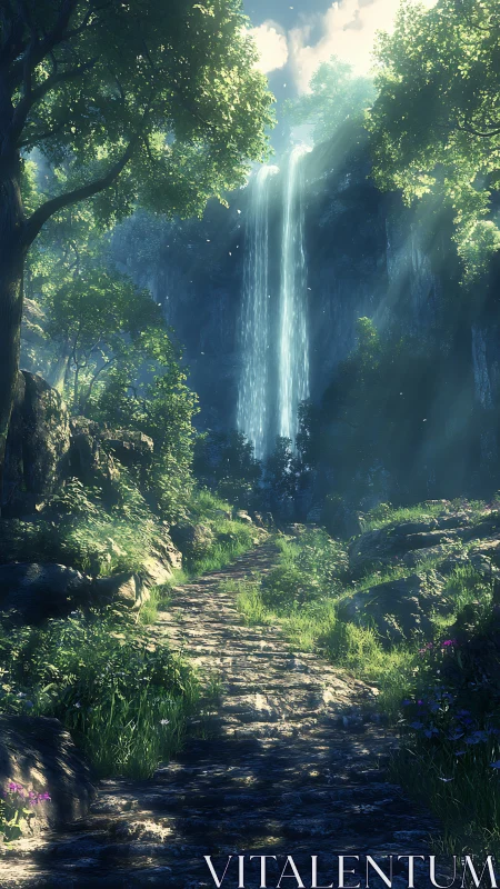 Waterfall Cascades Through Ancient Forest Canopy.