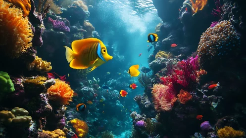 Sunlit coral canyon alive with curious tropical fish.