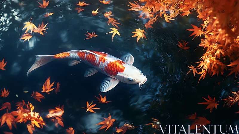 Gentle koi gliding through autumn leaves on a quiet pond.