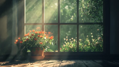 Potted red flowers by sunlit window with outdoor garden view.