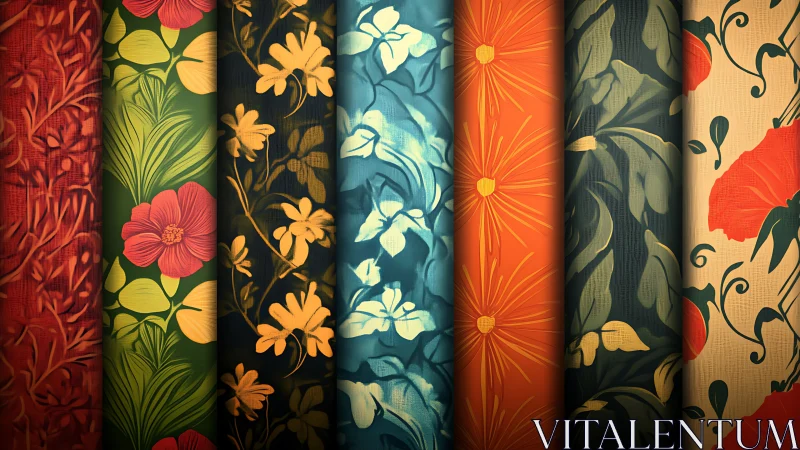 Rolled floral pattern papers display saturated retro color harmonies