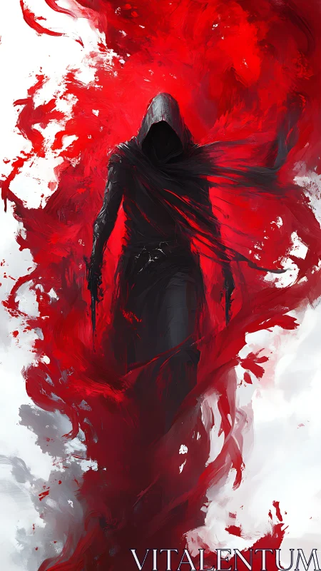 Hooded dark figure framed by abstract red motion field.