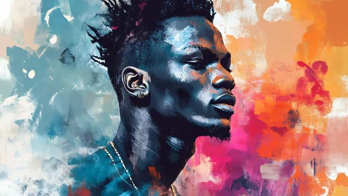 Side profile portrait against abstract color field background.