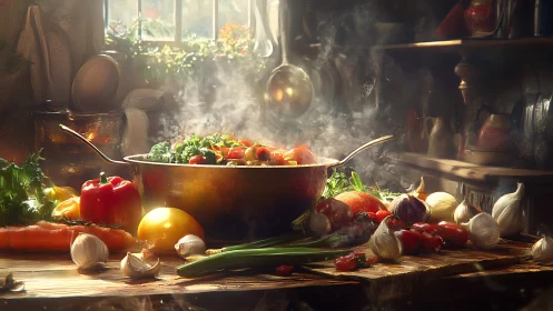 Rustic copper pot simmers vibrant garden vegetables.