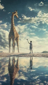 Child and giraffe share a dreamlike meeting beside water