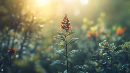 Single red flower stem stands in shallow-depth forest light