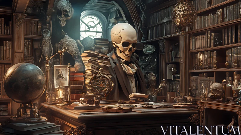 Skeleton scholar sits at cluttered desk in ornate library