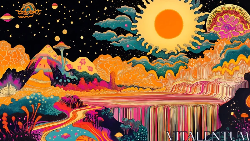 Psychedelic alien landscape with neon river and sun.