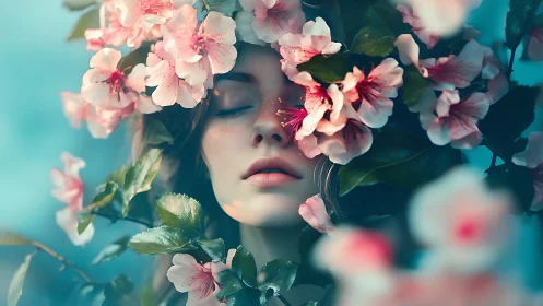 Dreamy portrait of a serene woman immersed in spring blossoms