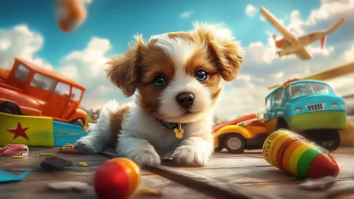 Playful puppy amid colorful toy cars and sunny sky.