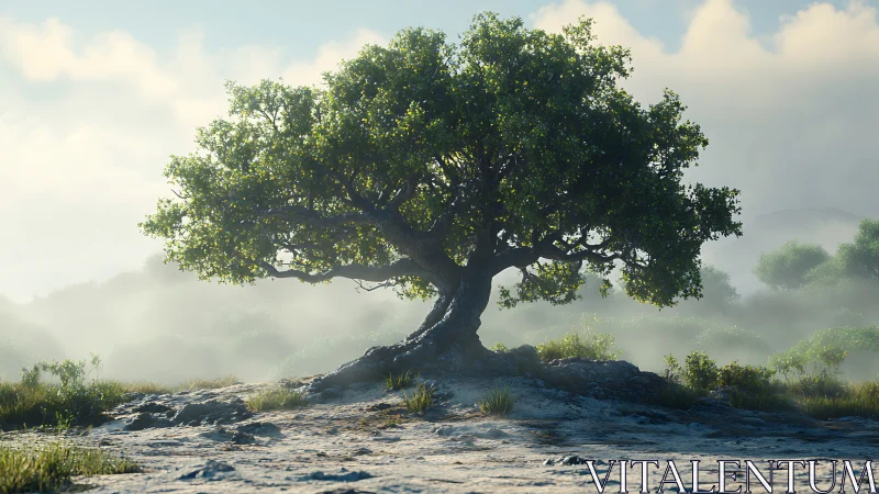 Lone windswept tree in misty backlit rocky meadow at dawn.