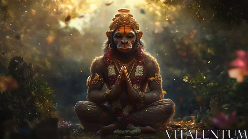 Simian deity in meditative forest shrine, cinematic lighting.