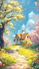 Small cottage in flower meadow with path under clear sky.