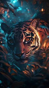 Tiger portrait with dual color lighting in dense foliage.