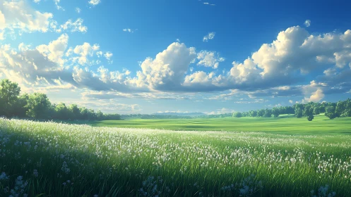 Sunlit wildflower meadow under expansive summer sky.