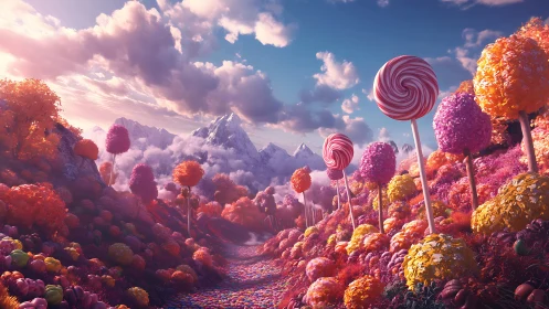Fantastical Candy Landscape with Lollipop Trees Under Luminous Sky