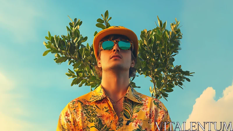 Person in patterned shirt before foliage under blue sky.