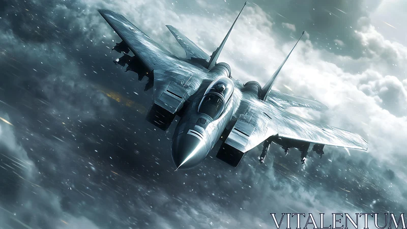 Twin‑engine combat jet rendered within dense storm clouds
