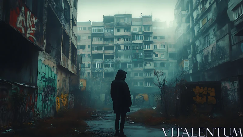 Hooded figure in foggy abandoned apartment courtyard scene.