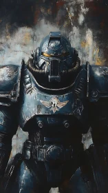 Armored sci fi exosuit portrait in distressed steel tones.