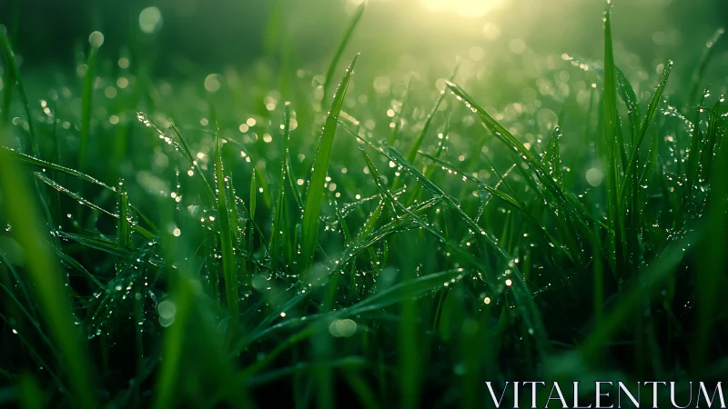 Macro depth-of-field study on dew-covered grass blades at dawn
