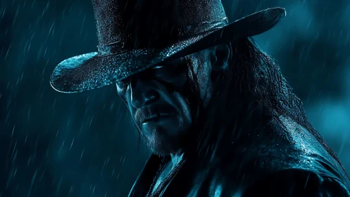 Brooding cowboy in rain under dramatic blue lighting.