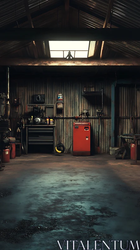Dim workshop interior shows tools, red cabinet and wet floor