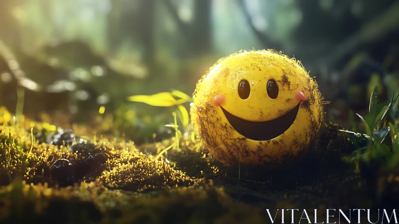Smiley mossy ball glows under soft forest sunrise light.