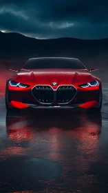 Front-facing BMW sports coupe in nocturnal wet-surface reflection.