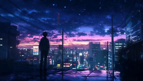 Digital painting skyline with neon twilight cityscape perspective.