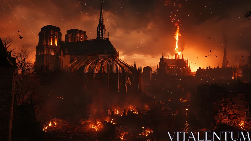 Gothic cathedral inferno with embers, collapsing spire, night sky