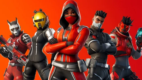 Five stylized game warriors posed on bold orange backdrop.