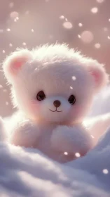 Snowlit plush bear portrait with soft bokeh glow.