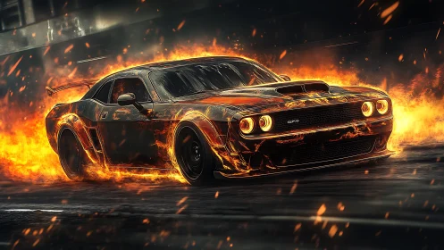 Fire-trailing muscle car rendered with dynamic motion blur and glow