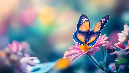 Iridescent butterfly resting on pastel flowers at dusk.