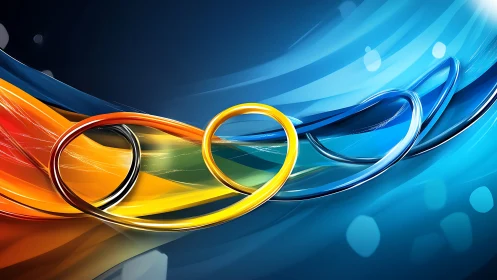 Interlocking chromatic loops traverse a dynamic blue gradient