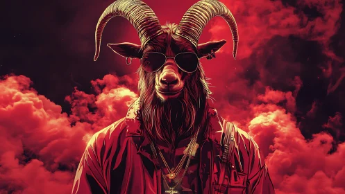 Anthropomorphic goat in streetwear dominates red vapor clouds