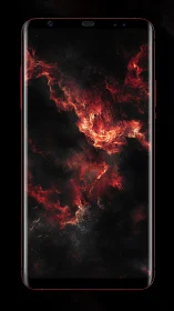 Bezel-less smartphone with red cosmic flame wallpaper.