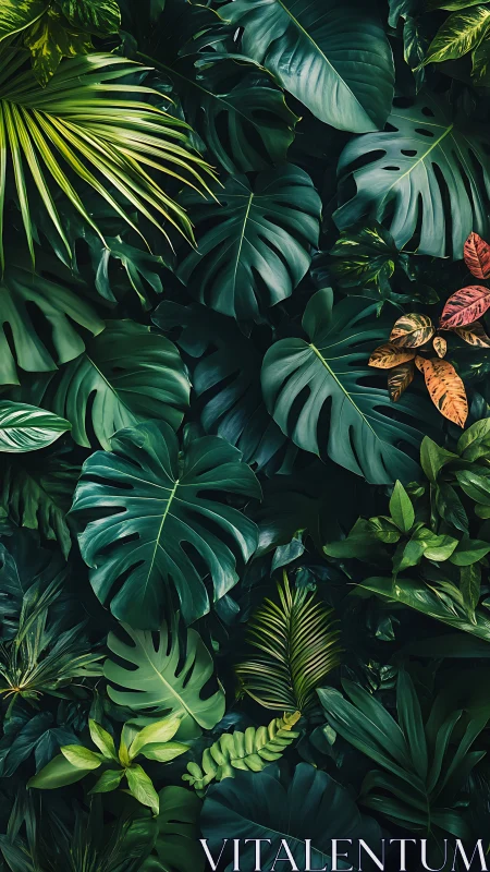 Lush tropical monstera foliage under deep emerald light.