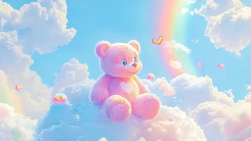 Pink teddy bear on clouds beneath soft rainbow sky.