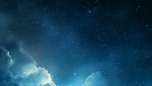 Night sky displays dense star field above illuminated clouds