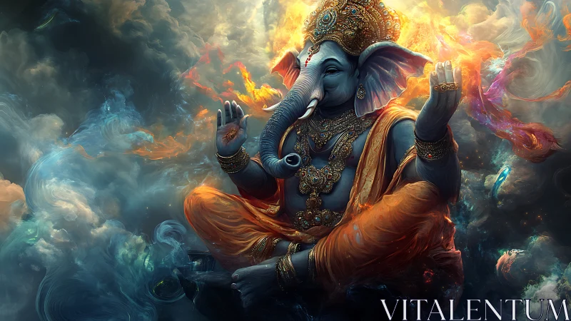 Divine elephant-headed deity floats amid swirling cosmic light.