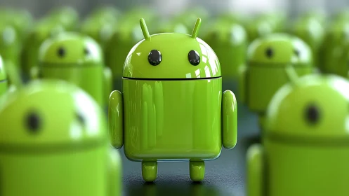 Green robot mascot figures in shallow depth of field scene.