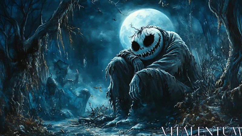 Melancholic pumpkin monster broods beneath a chilling moon