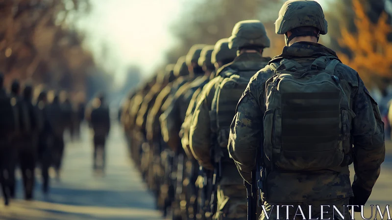Soldiers marching in formation along sunlit urban street.