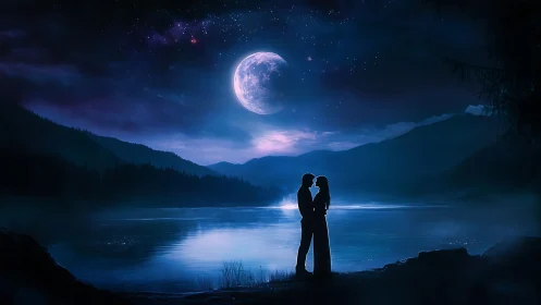 Moonlit Embrace by Alpine Lake Under Starry Night.