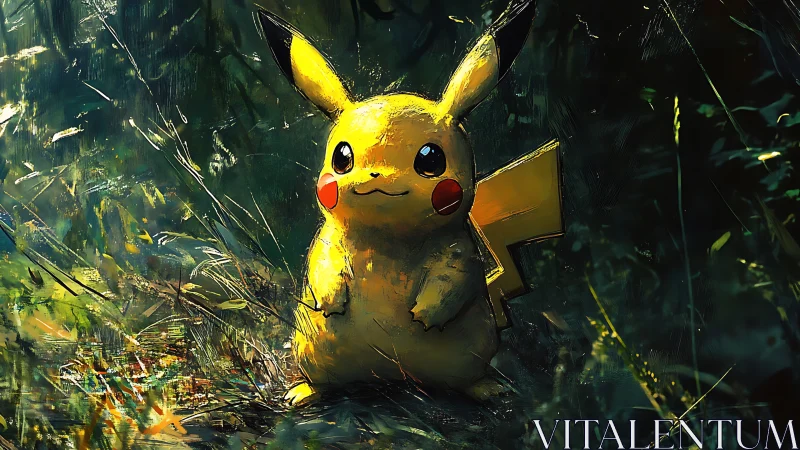 Forest-lit Pikachu in painterly textured wilderness scene.