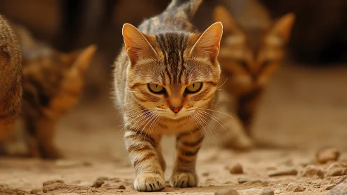 Tabby Cat on Dusty Ground with Alert Gaze