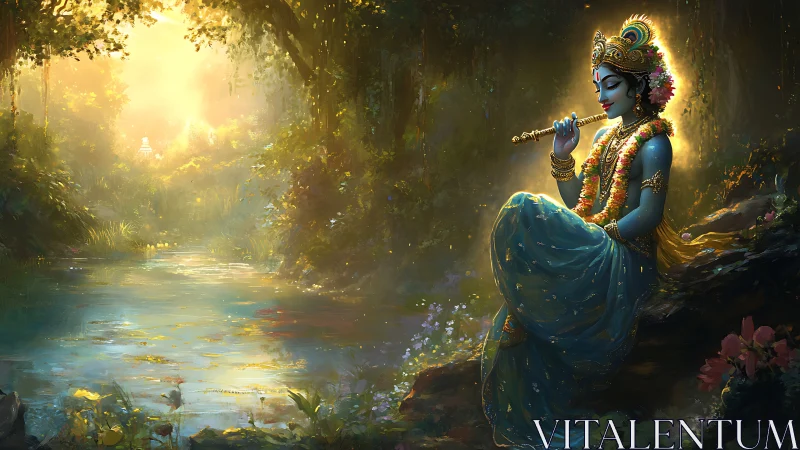 Digital painting of serene deity by luminous forest riverbank.