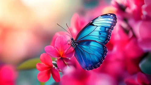 Blue butterfly resting on vivid pink blossoms in soft light.